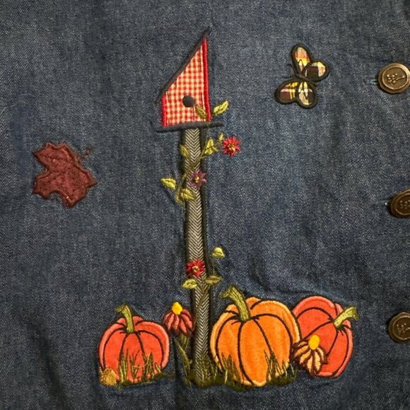 Karen Scott Women's Autumn Fall Vest Denim Harvest Pumpkins Flowers Size Large - Picture 7 of 11